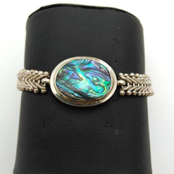 Sterling Silver Woven Bracelet With Abalone Cabochon Gemstone - Picture 4 of 4